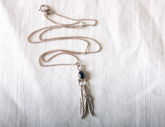 Vintage Sterling Silver and Black Onyx Southwestern Styled Feather Necklace