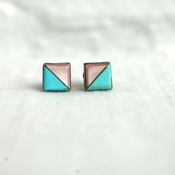 Vintage Turquoise Earrings Mother of Pearl Post Pierced Native American Geometry