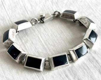 Mexican Bracelet Black Resin Rectangle Chain Link Sterling Silver Modern Taxco Mexico Size 7 1/4 Medium Large Chunky Midcentury Style