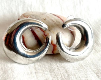 Modernist Mexican Crescent Earrings Large Sterling Silver Posts Vintage Taxco Mexico Jewelry Modern Everyday C Hoops