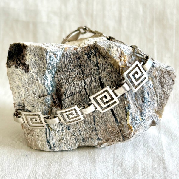 Mexican Bracelet Sterling Silver Greek Key Design Chain Link Size 7 Medium Rectangle Maze Aztec Mayan Design