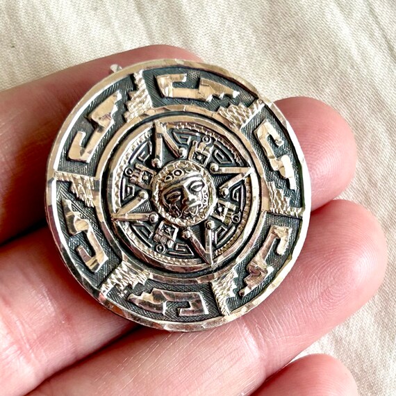 Aztec Sun Brooch Pin Vintage Mexican Sterling Sil… - image 4