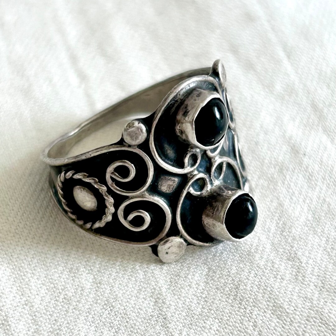 vintage Mexico◯onyx one ring◯ Mexican Onyx Ring Vintage Sterling Silver Double Black Stone