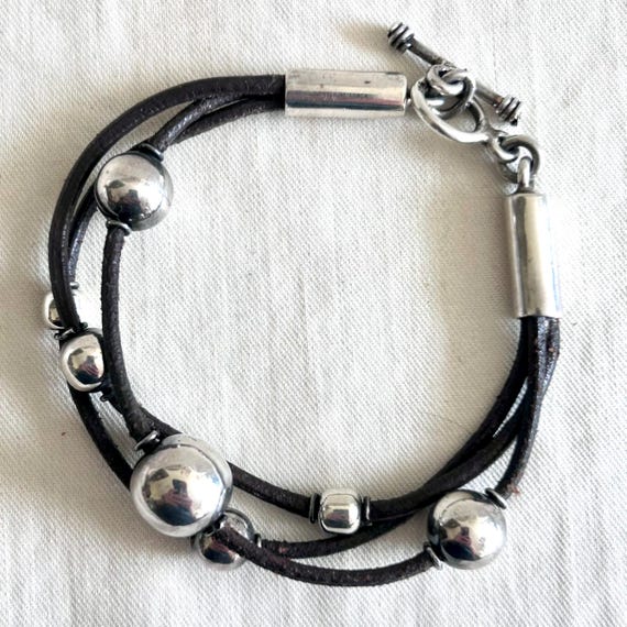 Vintage Mexican Leather & Sterling Silver Orb Bracelet - Size 7