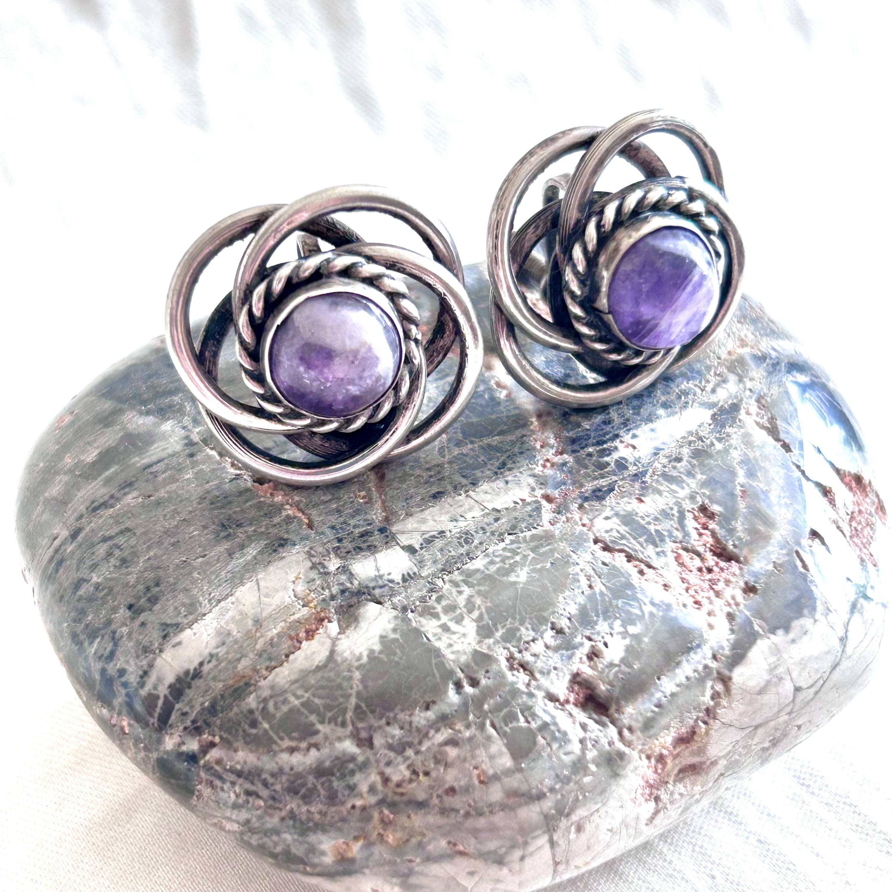 Boucles D'oreilles Argent 925 Et Améthyste - Style Vintage - Origine Mexique - Occasion