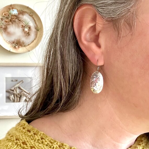 Hammered Sterling Silver Oval Dangle Earrings Vin… - image 4
