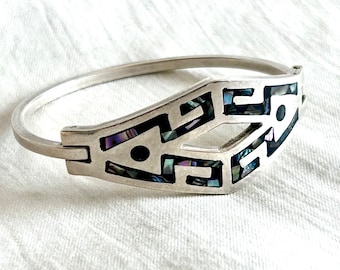 Mexican Statement Bracelet Vintage Abalone Sterling Silver Hinged Bangle Size 6 .75 Modernist Tribal Taxco Mexico Jewelry