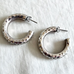Mexican Modernist Hoop Earrings Wide Hammered Sterling Silver Taxco Mexico Hoops Post Studs Vintage Statement Jewelry