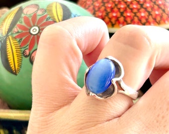 Mexican Cocktail Ring Size 9 Vintage Blue Cats Eye Sterling Silver Statement Jewelry Old Mexico Oval Solitaire