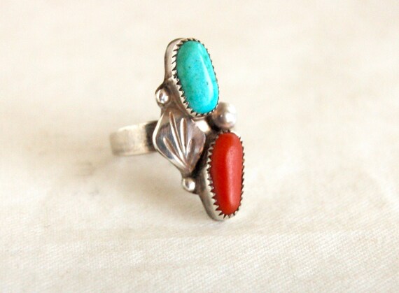 Huge Turquoise and Red Coral Ring Size 7 .25 Vintage Sterling Silver Southwest Flower Succulent Boho Statement Jewelry