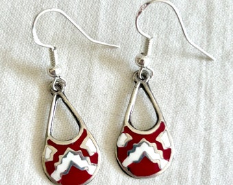 Small Southwestern Dangle Earrings Vintage Mexican Sterling Silver Teardrop Dangles Modern Red Zig Zag Tribal Drops