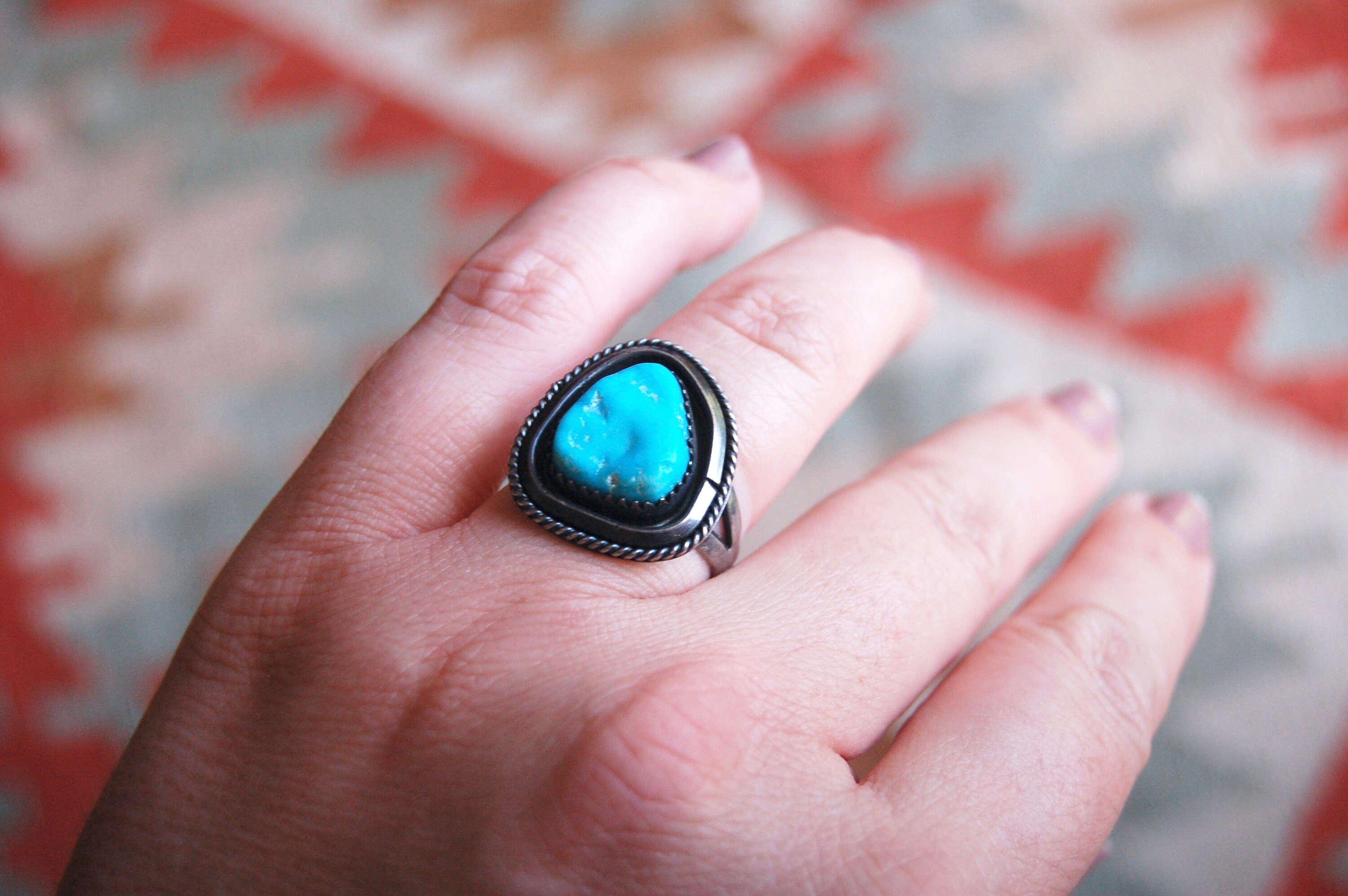 Bague vintage faite main en argent sterling turquoise de style sud-ouest américain - Taille 6 - France
