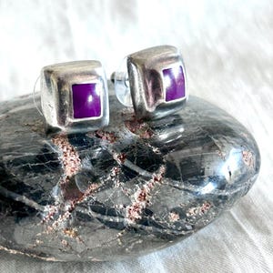 Purple Post Earrings Vintage Mexican Sterling Silver Square Rectangle Studs