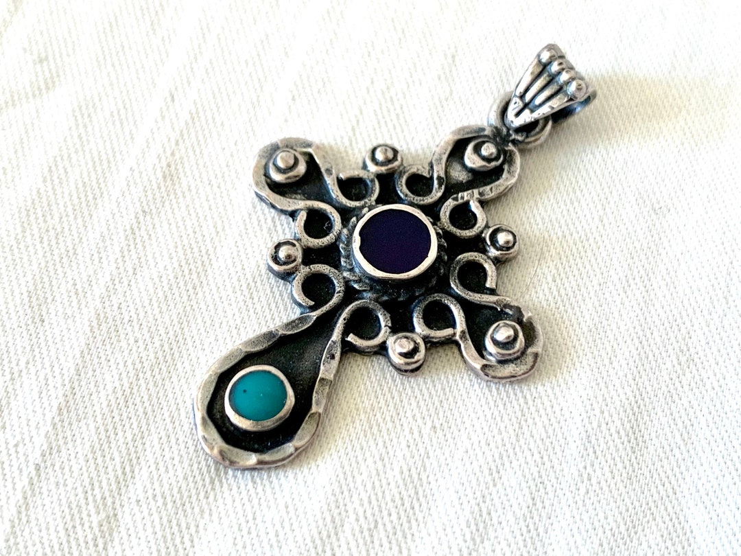 Large Mexican Cross Pendant Primitive Sterling Silver Multi Colored ...