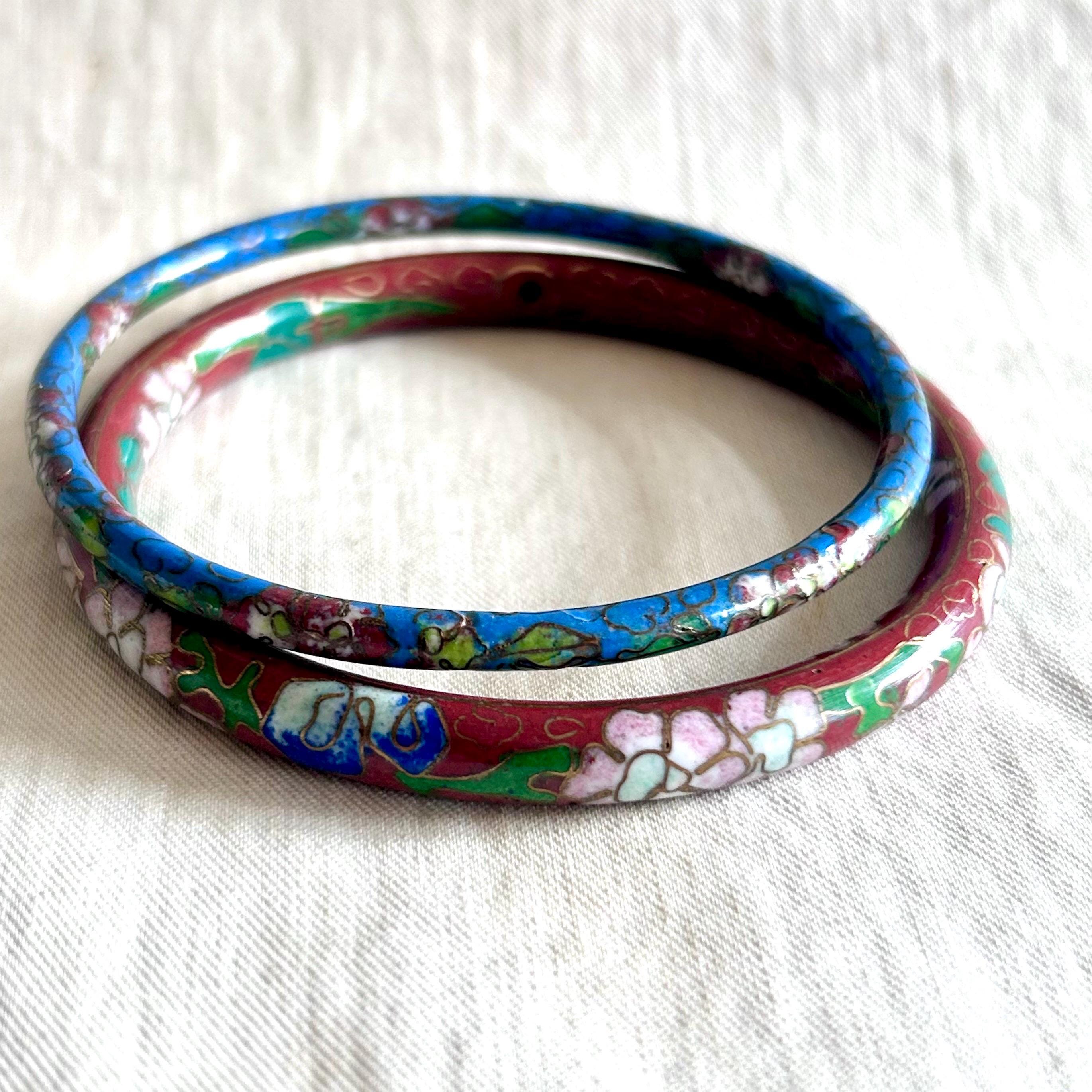 Vintage Cloisonné Bangle Bracelets Set of 2 Rust Blue Size 7.75