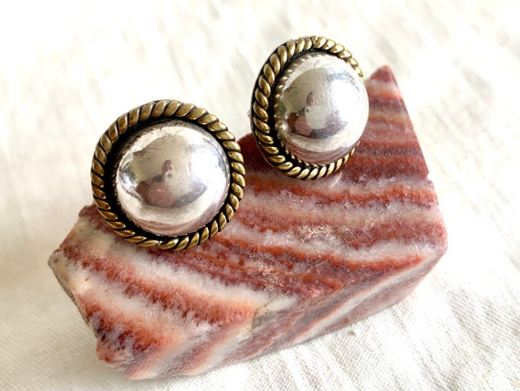 Round Mexican Mixed Metal Post Earrings Sterling … - image 2