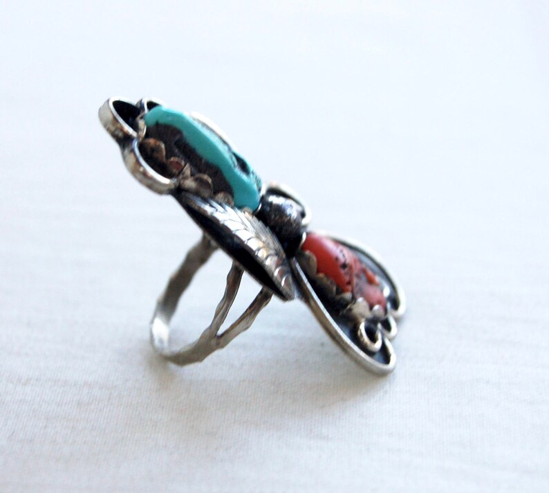 Huge Turquoise and Red Coral Ring Size 7 .25 Vintage Sterling Silver Southwest Flower Succulent Boho Statement Jewelry