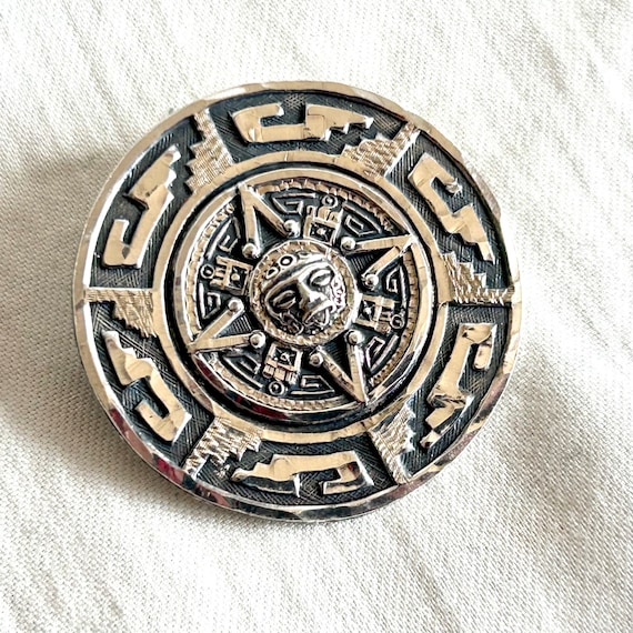 Aztec Sun Brooch Pin Vintage Mexican Sterling Sil… - image 1