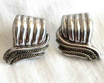 Laton Mexico Earrings Sterling Silver and Brass Vintage Posts Mixed Metal Mexican Taxco 80s Style Folded Draped Gold