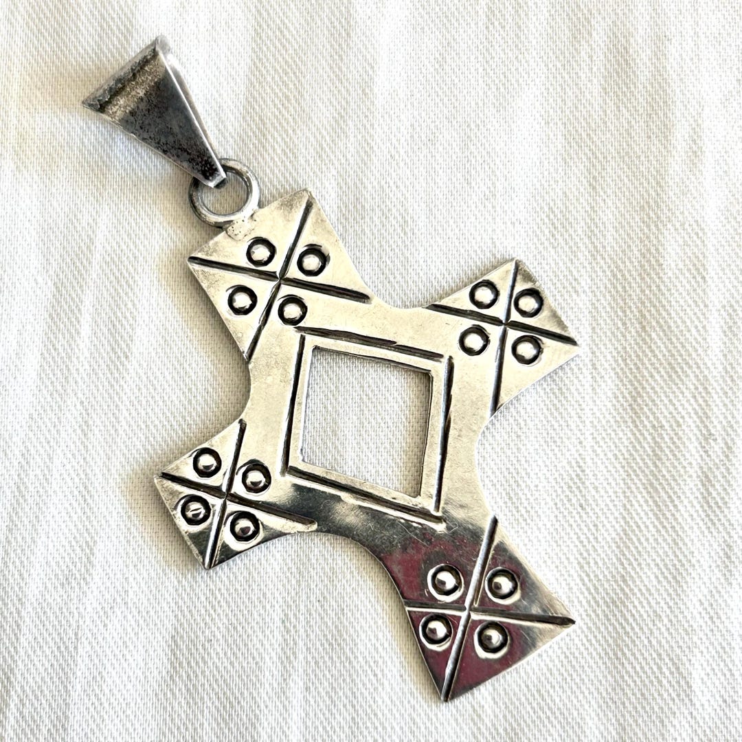 Large Mexican Cross Pendant Sterling Silver Necklace Finding Vintage ...