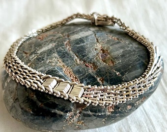 Mexican Woven Chain Bracelet Vintage Sterling Silver Herringbone  Braided Size 7 Inch Box Clasp