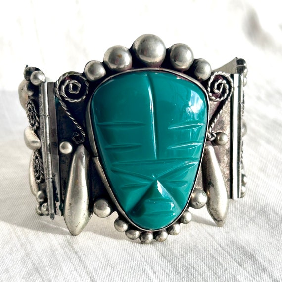 Midcentury Mexican Bracelet Green Aztec Mayan Mask Size 7.25