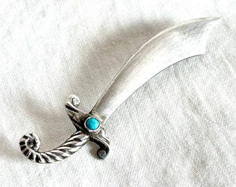 Scimitar Sword Brooch Pin Vintage Mexican Sterling Silver Turquoise Stone Lapel Jewelry Hecho en Mexico