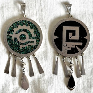Double Sided Midcentury Mexican Pendant Sterling Silver Abstract Aztec Mayan Symbols Stone Resin Vintage Disc Meso American Artisan Jewelry
