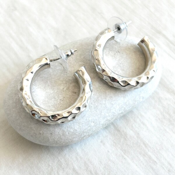 Mexican Modernist Hoop Earrings Wide Hammered Sterling Silver Taxco Mexico Hoops Post Studs Vintage Statement Jewelry