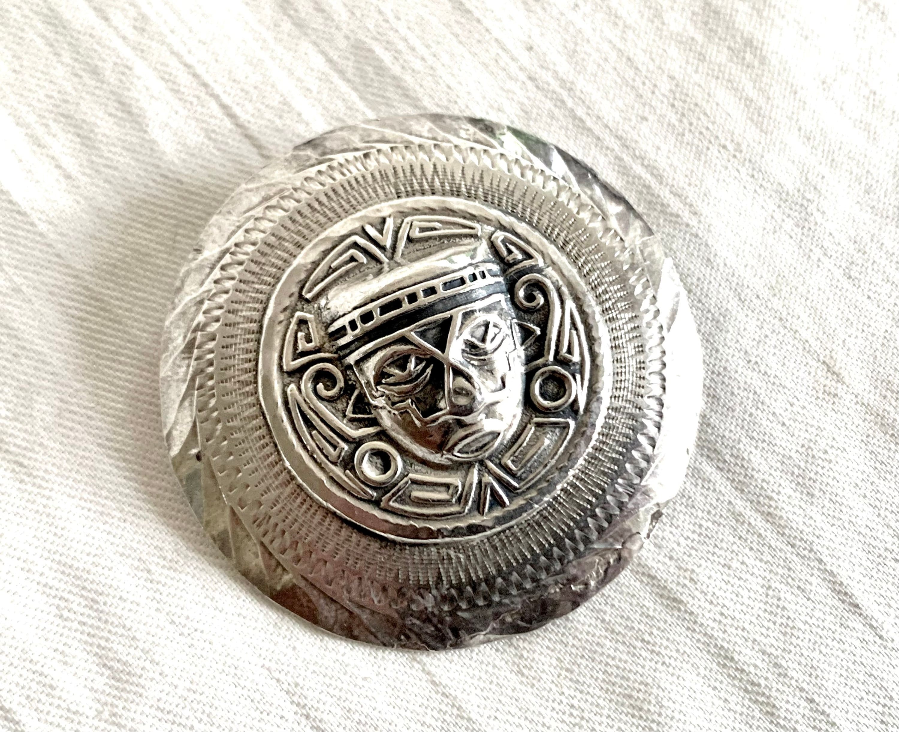 Broche/pendentif Vintage Mexique Argent 925 - Tête D'Indien Circa 1930 - Bakélite Noire - Très Rare