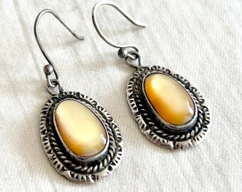 Vintage Southwest Mother of Pearl Dangle Earrings Sterling Silver Drop Dangles Golden Yellow Drops Western Jewelry