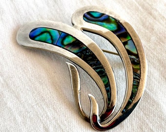 Abstract Abalone Brooch Pin Vintage Mexican Sterling Silver Midcentury Jewelry Ocean Waves Succulent Fronds Hecho en Mexico