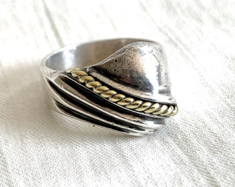 Mixed Metal Dome Ring Mexican Sterling Silver and Braided Brass Size 8 Vintage Rope Braid Taxco Mexico