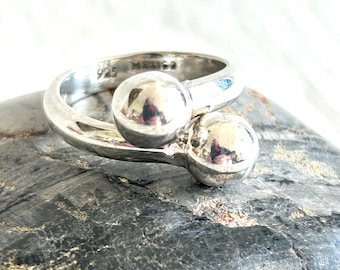 Orb Wrap Ring Mexican Sterling Silver Ball Band Size 8 3/4 Adjustable Bypass  Industrial Spheres Jewelry