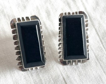 Vintage Mexican Earrings Sterling Silver Rectangle Posts Black Faux Onyx Thick Midcentury Studs