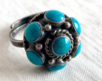 Antique Mexican Blue Stone Ring Round Dome Adjustable Size 8 Vintage Dyed Turquoise Howlite Sterling Silver Polka Dot Sphere Orb