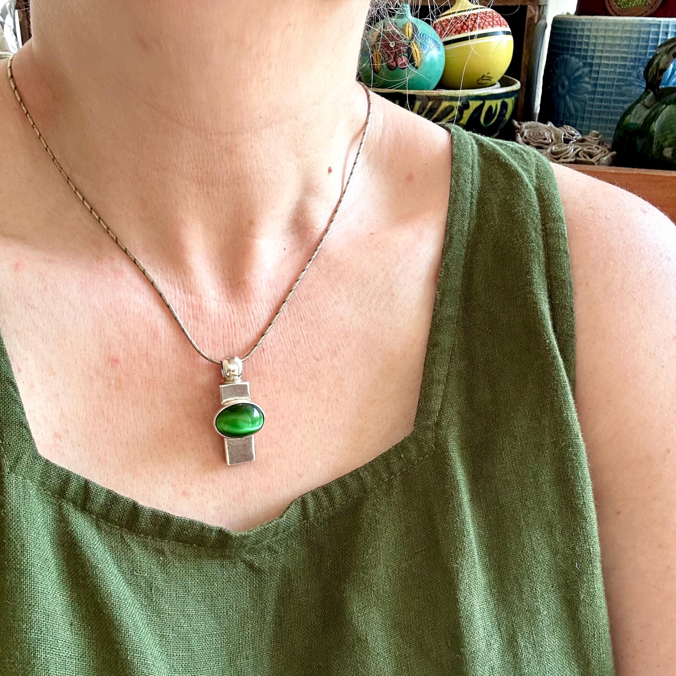 Collier Pendentif œil De Chat & Fleur De Vie Vert - Plaqué Argent 46 Cm - Unisexe