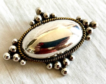 Vintage Mexican Brooch Pendant Large Sterling Silver Brass Mixed Metal Pin Taxco Mexico Victorian Jewelry