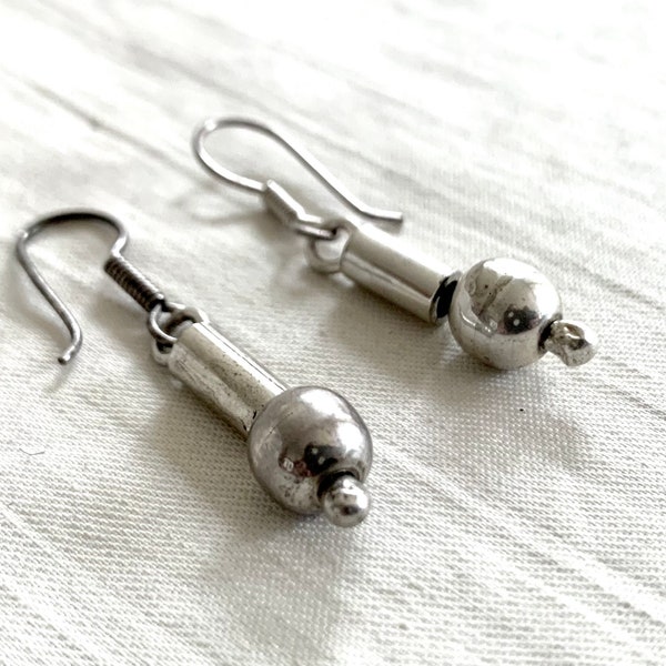 Mexican Ball Bead Earrings Sterling Silver Orb Cylinder Drop Dangles Balls Drops Vintage Taxco Mexico Minimalist Jewelry