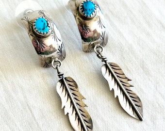 Turquoise Feather Dangle Earrings Vintage Southwestern Sterling Silver Handmade Navajo Jewelry Blue Stone