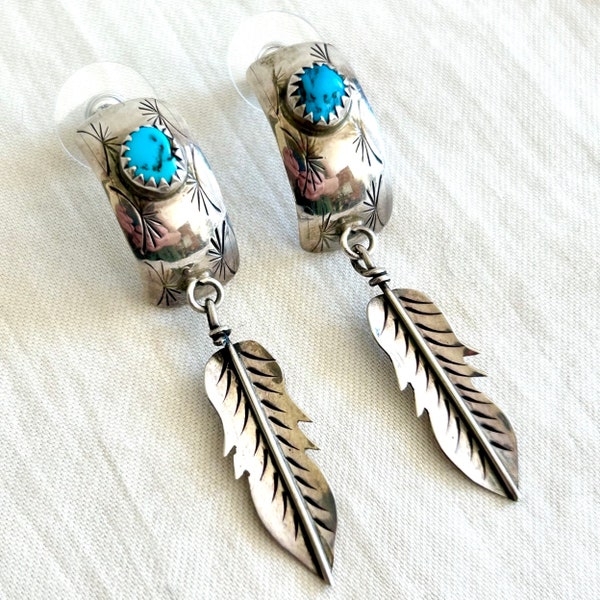 Turquoise Feather Dangle Earrings Vintage Southwestern Sterling Silver Handmade Navajo Jewelry Blue Stone