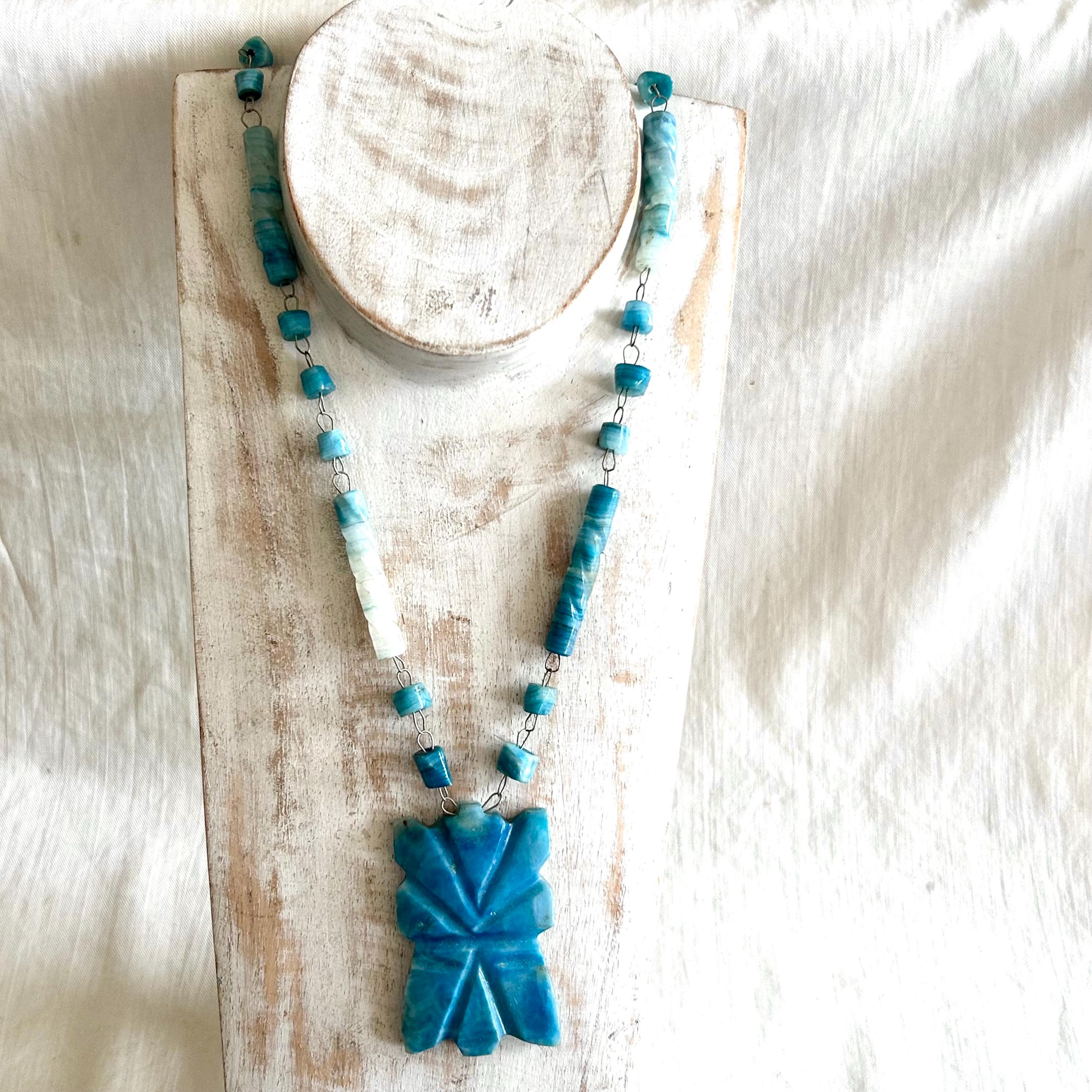 Vintage Mexican Blue Onyx Necklace: Aztec Mayan Mask, 24 Inch