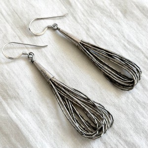 Liquid Silver Beaded Earrings Long Vintage Southwestern Boho Dangles 10 Strand Jewelry