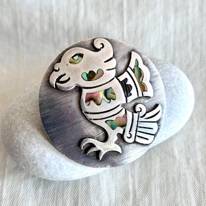 Midcentury Mexican Brooch Pendant Sterling Silver Abalone Aztec Mayan Bird Quetzal Vintage Round Disc Meso American Mythology Jewelry