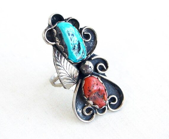 Huge Turquoise and Red Coral Ring Size 7 .25 Vintage Sterling Silver Southwest Flower Succulent Boho Statement Jewelry