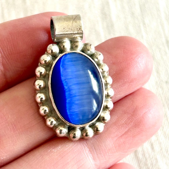 Blue Cats Eye Pendant Vintage Mexican Sterling Si… - image 5