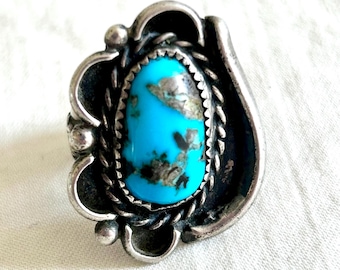 Bague Cocktail Vintage Taille 8 - Argenté, Fausse Turquoise, Style Sud-ouest, Déguisement