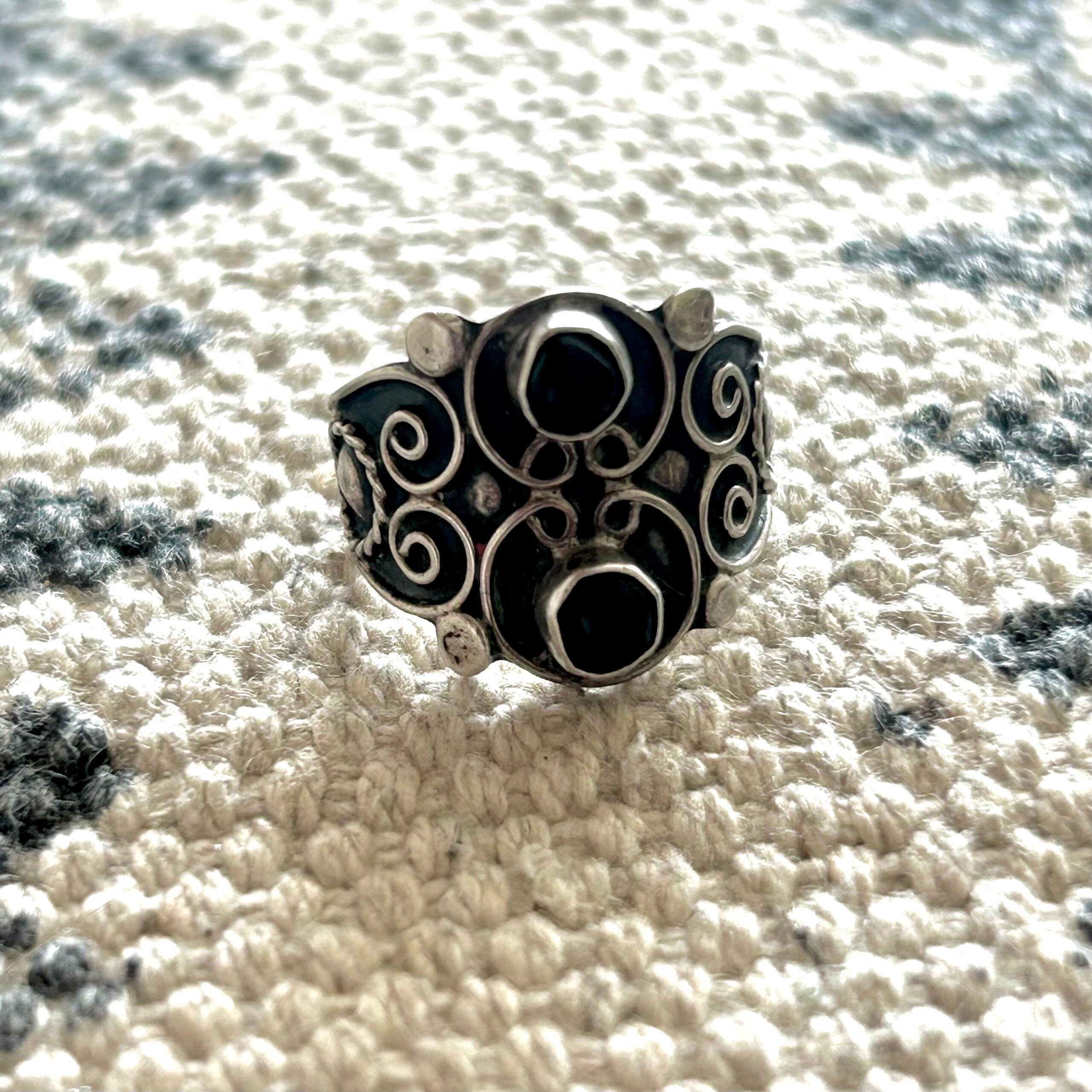 vintage Mexico◯onyx one ring◯ Mexican Onyx Ring Vintage Sterling Silver Double Black Stone