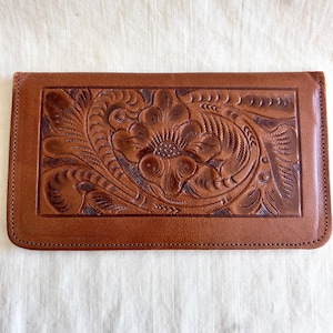 Mexican Tooled Leather Wallet Dark Brown Western Floral Design Rockabilly Cowgirl Checkbook Billfold Hecho en Mexico Gaitan
