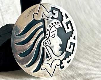 Midcentury Mexican Brooch Pendant Sterling Silver Aztec Mayan Warrior Vintage Round Disc Meso American Jewelry